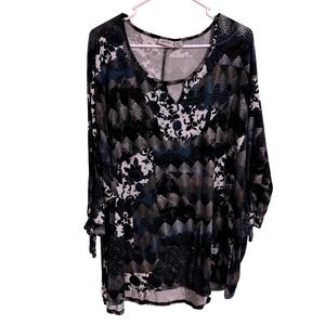 Avenue Womens Plus Size 22/24 Blue Geometric Floral‎ Keyhole Dolman Sleeve Top